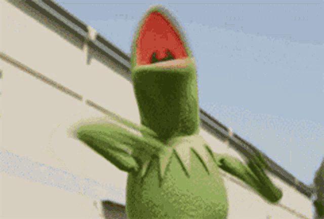 a kermit the frog is dancing in front of a building .