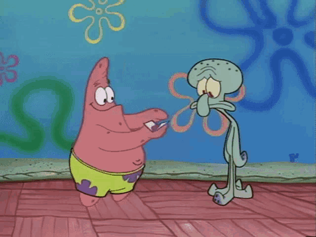patrick star and squidward from spongebob squarepants are standing next to each other on a wooden floor