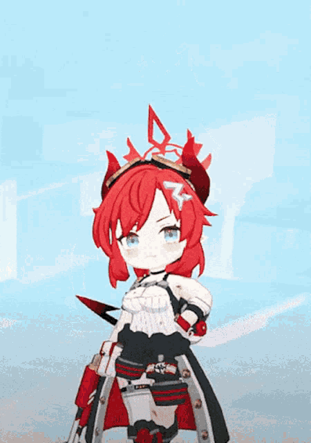 a cartoon character with red hair and horns is wearing goggles