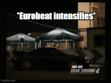 a car is driving down a street in front of a building with the words eurobeat intensifies