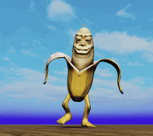 a 3d rendering of a banana with a face and legs is dancing