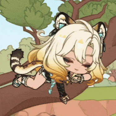 a cartoon drawing of a girl with cat ears and tail laying on a tree branch