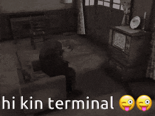 a black and white photo of a man dancing in a living room with the words hi kin terminal