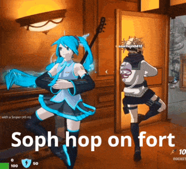 a screenshot of a video game with the words soph hop on fort at the bottom