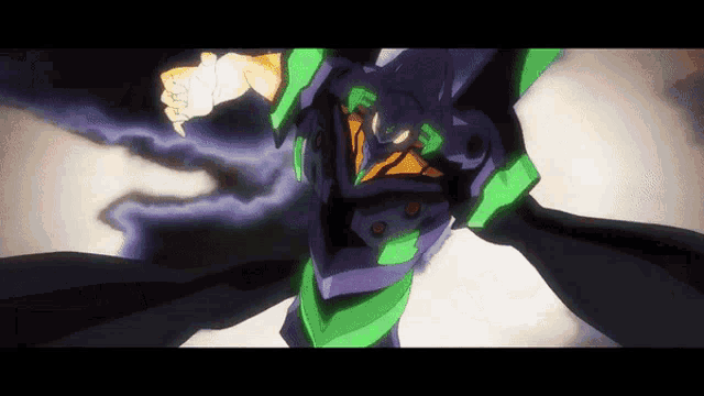 a purple and green robot with the letter t on its head