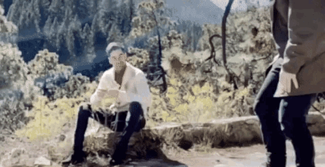 a man is sitting on a rock in the middle of a forest .