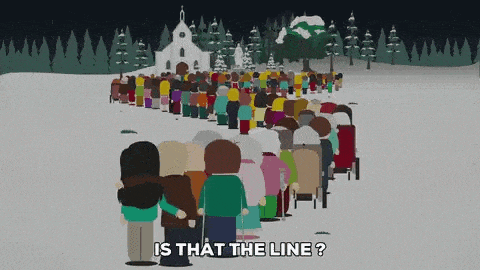 a group of people are standing in a line with the words is that the line below them