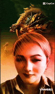 a woman with a dragon on her head is shown in a video created by vivavideo