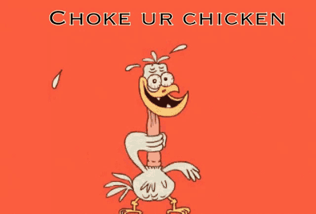 a cartoon chicken is holding a piece of sausage in its beak .
