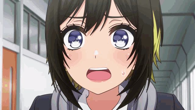a girl with a surprised look on her face is wearing a school uniform