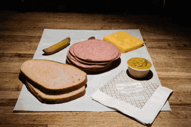 a napkin that says ' delicatessen ' on it sits next to a plate of food