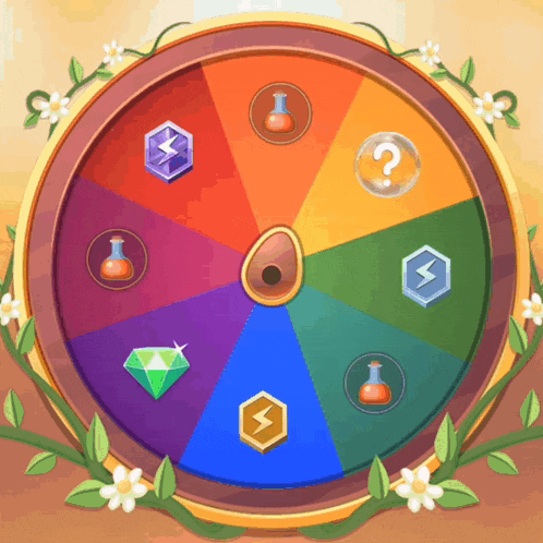 a rainbow colored wheel with a question mark in the center