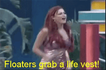 a woman in a red dress with the words floaters grab a life vest on the bottom