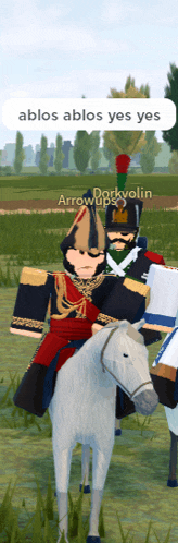 a man riding on the back of a white horse with ablos ablos yes yes