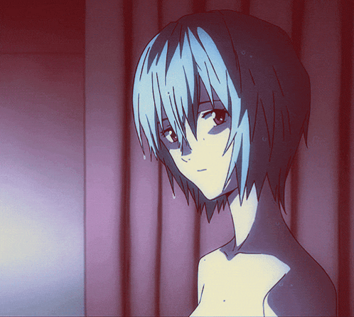 a drawing of a girl with blue hair and a red background