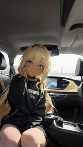 a blonde anime girl is sitting in a car