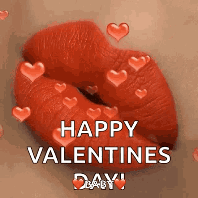 a close up of a woman 's lips with hearts surrounding them and the words happy valentines day baby