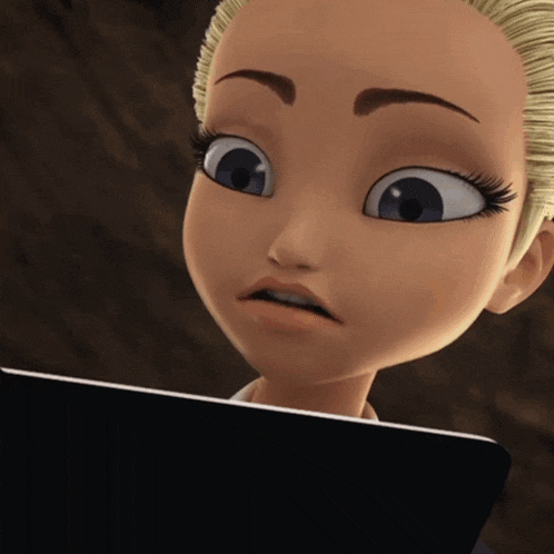 a close up of a cartoon character 's face with a surprised look on her face