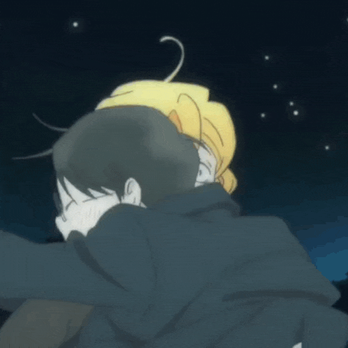a cartoon of a man and a woman hugging each other at night