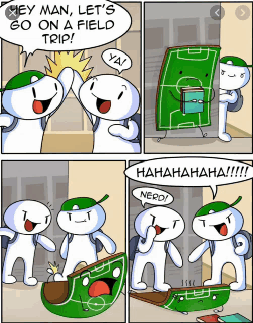 a cartoon shows a soccer field with the words hey man let 's go on a field trip