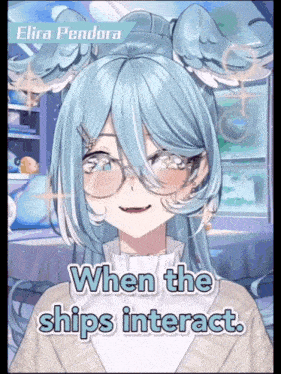 a girl with blue hair and glasses is talking about ships interacting