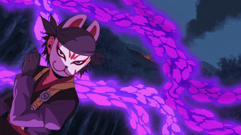 a person wearing a fox mask is surrounded by purple flames