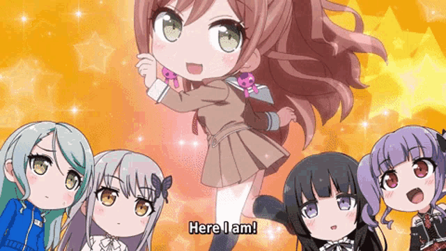 a group of anime girls are standing around a girl who says " here i am "