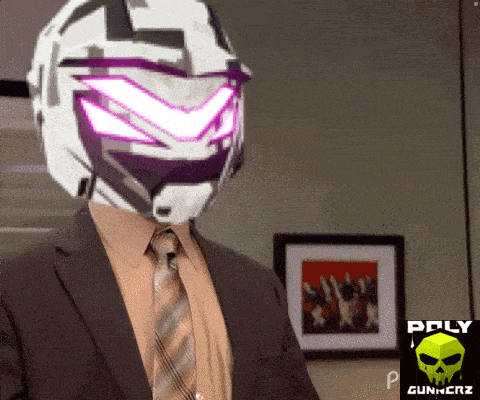 a man in a suit and tie has a helmet on his head that says ' poly gunnerz ' on the bottom