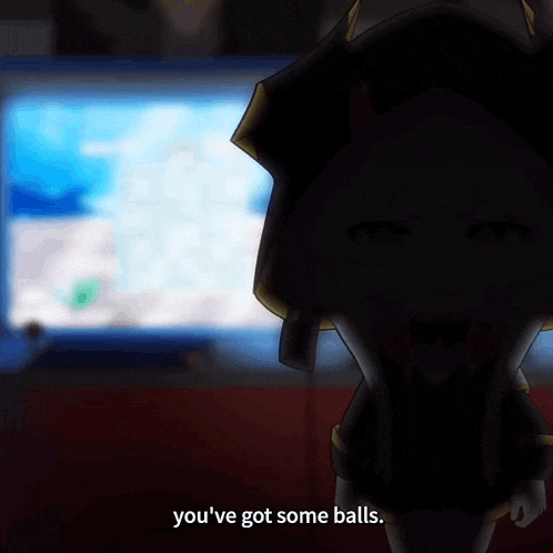 a cartoon character says " you 've got some balls " in front of a computer monitor