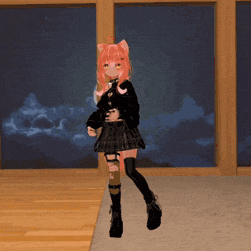 a girl with pink hair and a cat ear is standing in front of a window