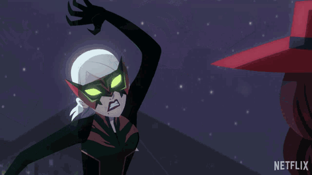 a cartoon of a woman with a mask and a red hat says netflix on the bottom