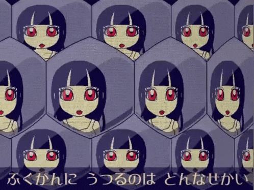 a cartoon of a girl with red eyes is surrounded by other cartoon characters