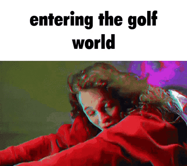 a woman in a red jacket laying down with the words entering the golf world above her