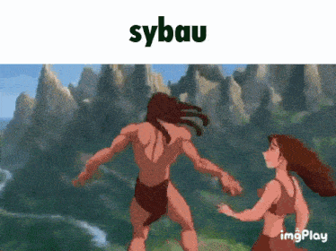 a cartoon of a man and a woman dancing with the word sybau behind them