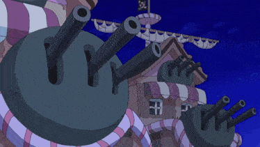 a cartoon drawing of a building with guns and a flag that says ' pirate ' on it