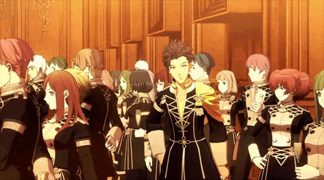 a group of anime characters are standing in a room and one of them has a cross on his chest