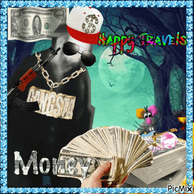 a picture of a man wearing a gangsta shirt and holding money