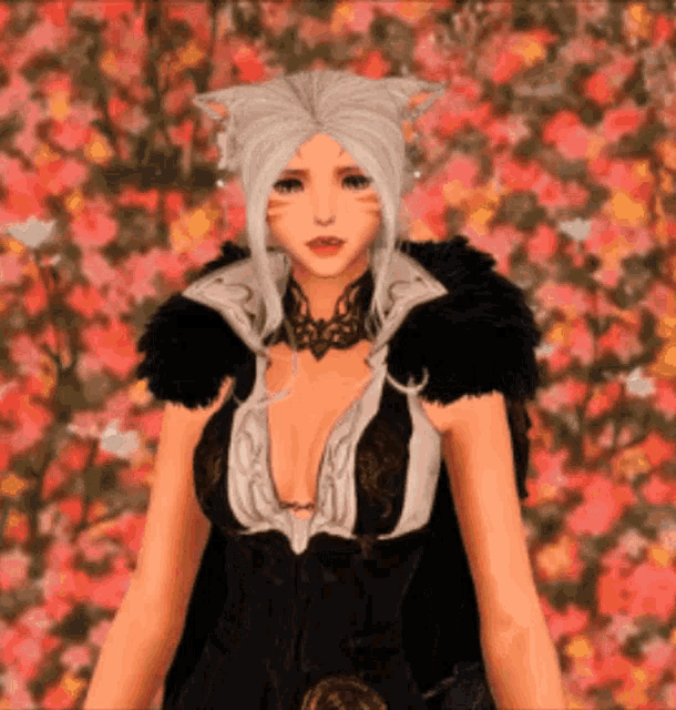 a woman with white hair and cat ears is wearing a black dress and standing in front of a wall of flowers .