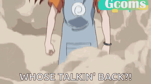 a cartoon of a boy wearing an apron with the words whose talkin ' back written on it .