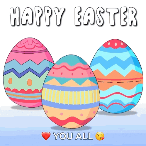 a happy easter card with three colorful eggs and a heart