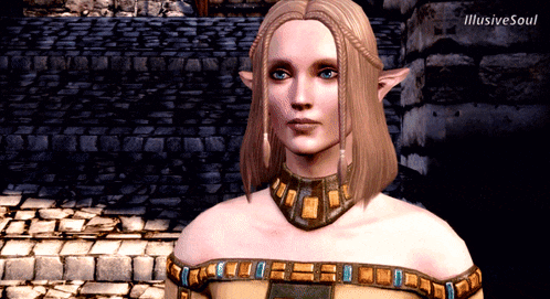 a woman with blonde hair and blue eyes stands in front of a stone wall with the words illusive soul written on the bottom