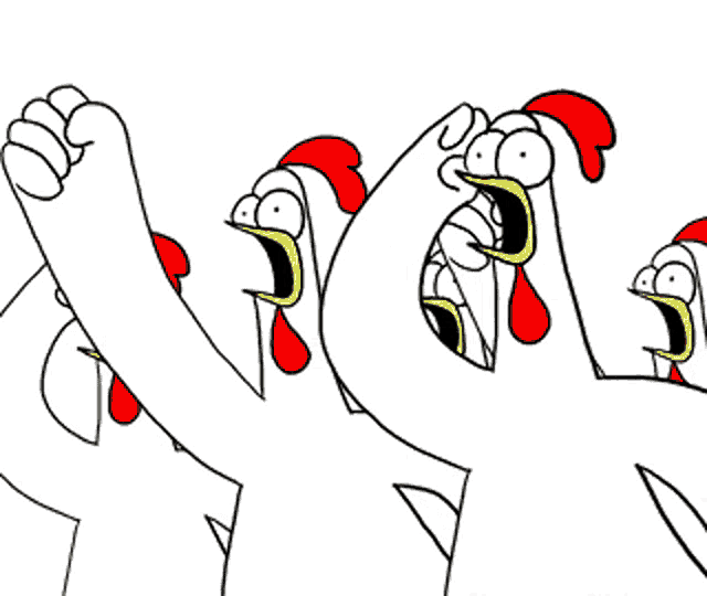 a bunch of chickens with their mouths open