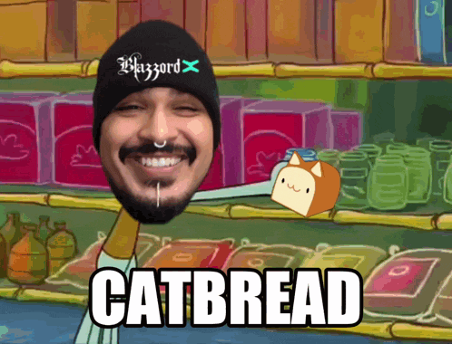 a cartoon of a man holding a cat bread in front of a shelf