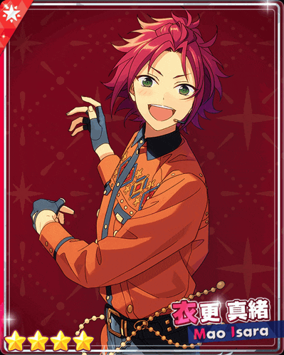 a cartoon character with red hair and the name mao isara on the bottom