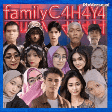 a group of people standing in front of a sign that says family c4h4y4 on it