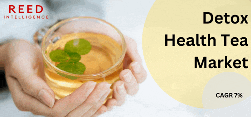 a person holding a cup of tea with a reed intelligence logo in the background