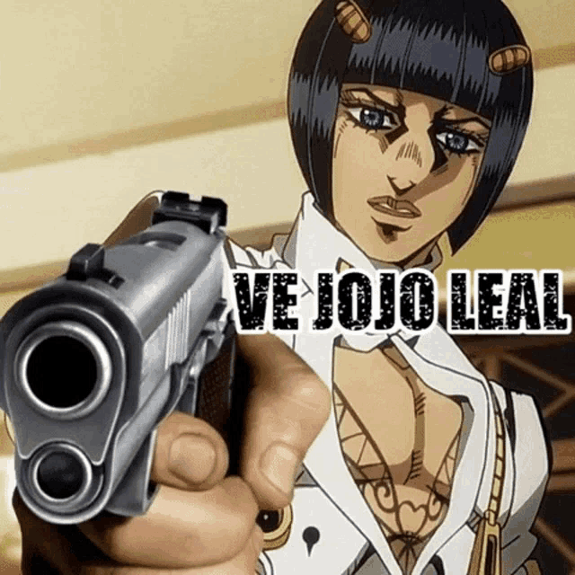 a cartoon character is pointing a gun with the words ve jojo leal below her