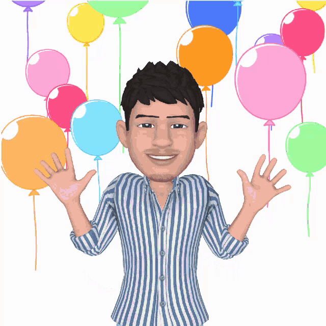 a man in a striped shirt stands in front of balloons