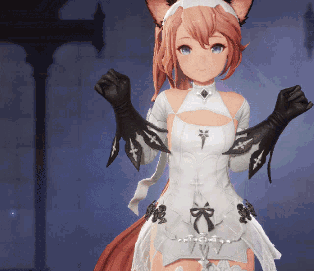 a girl in a white dress and black gloves with a cross on her sleeve