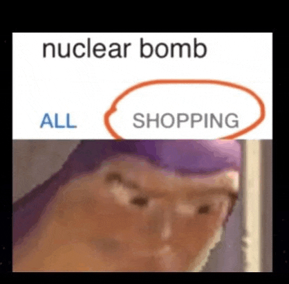 buzz lightyear from toy story is looking at the camera with a nuclear bomb all shopping circled around his face .